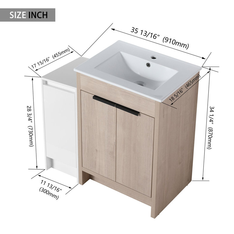 Meuble-lavabo autoportant moderne de qualité supérieure, robuste, durable et avec lavabo en céramique, Blanc, Imitation chêne