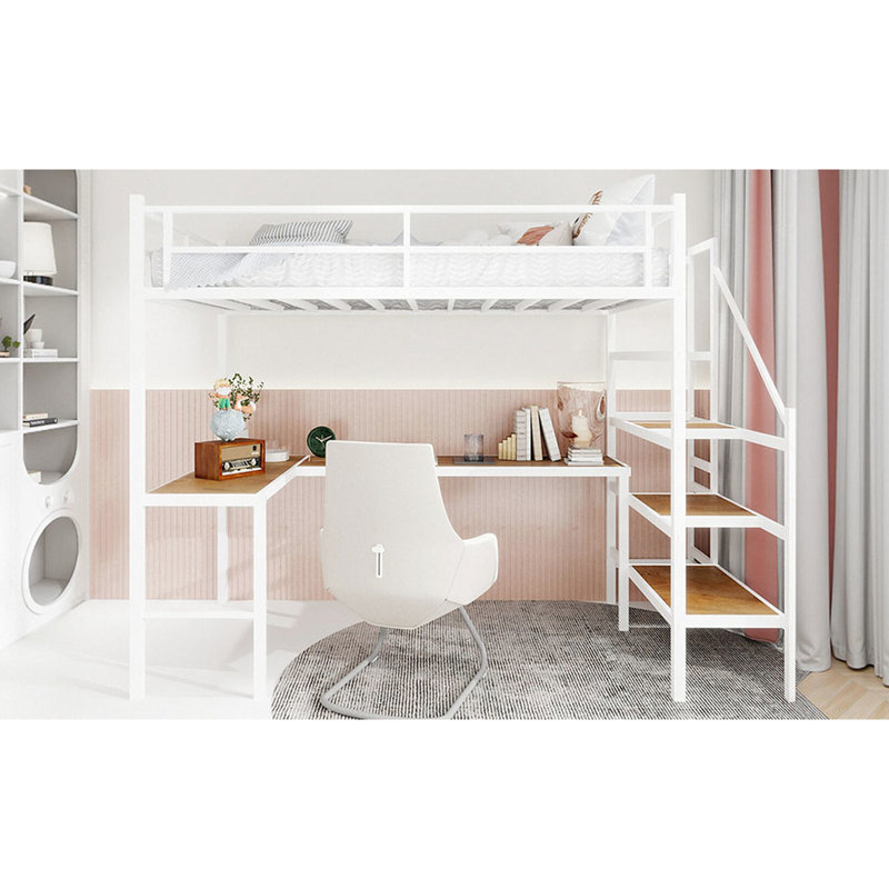 Twin Size White Iron Loft Bed With - Tip Feature, Built In Storage, Integrated Work Area For Bedroom Of Color, L Shaped Desk, 360 Railing, Storage
