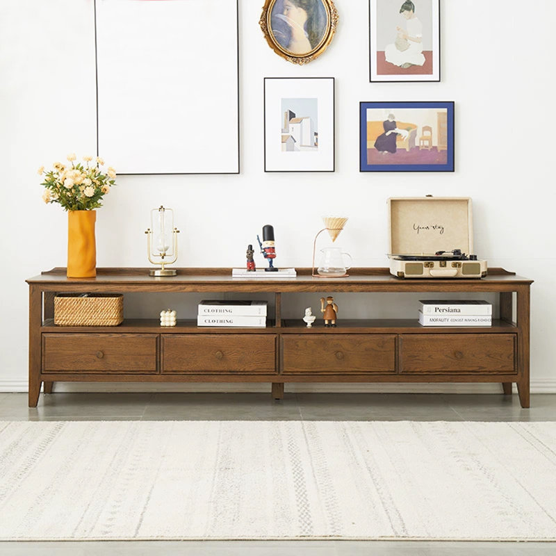 Meuble télé rétro en bois avec quatre tiroirs et tablette de rangement ouverte, 20.9" H x 70.9" W x 16.1" D
