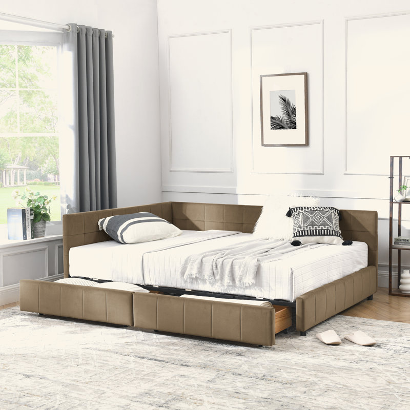 Structure de lit capitonnée avec rangement, canapé-lit avec dossier confortable et accoudoirs, lit double pour chambre à coucher, salon, velours