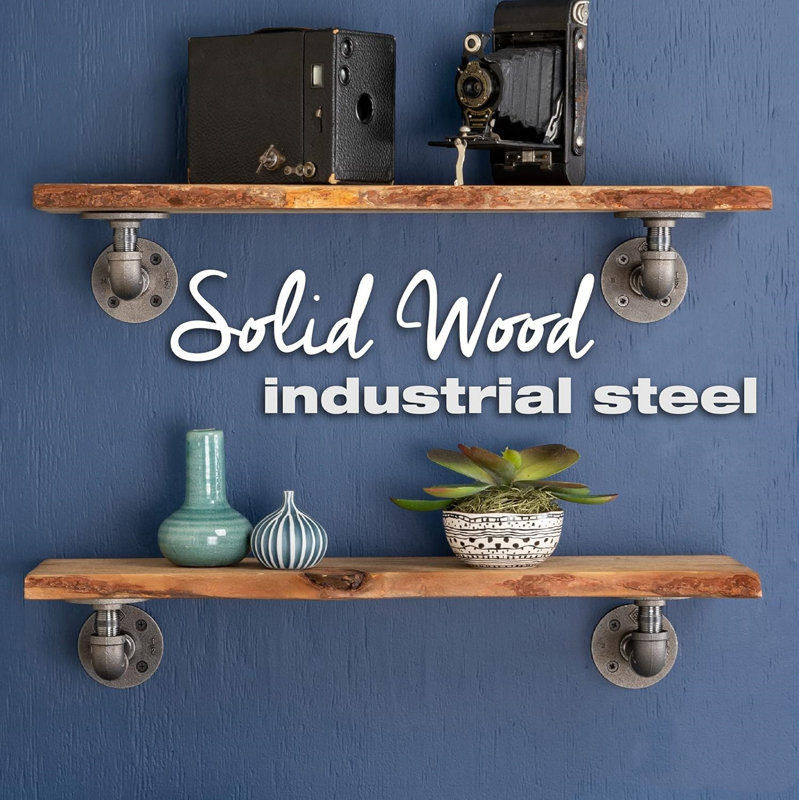 Live Edge Wood Shelf With Industrial Pipe Brackets - Handcrafted Sunset Cedar Floating Shelf, Natural Wood Grain, Rustic Decor, Wall Mounted (2-Pack)