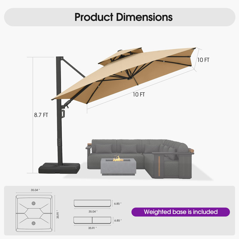 Grand parasol en porte-à-faux carré de 10 pi avec base et rotation à 60 degrés, 120" W x 120" D, Beige