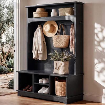 Arbre d'entrée OMCHOM avec banc et rangement pour chaussures, rangement pour hall d'entrée autoportant avec 5 casiers à chaussures et 6 crochets à manteau