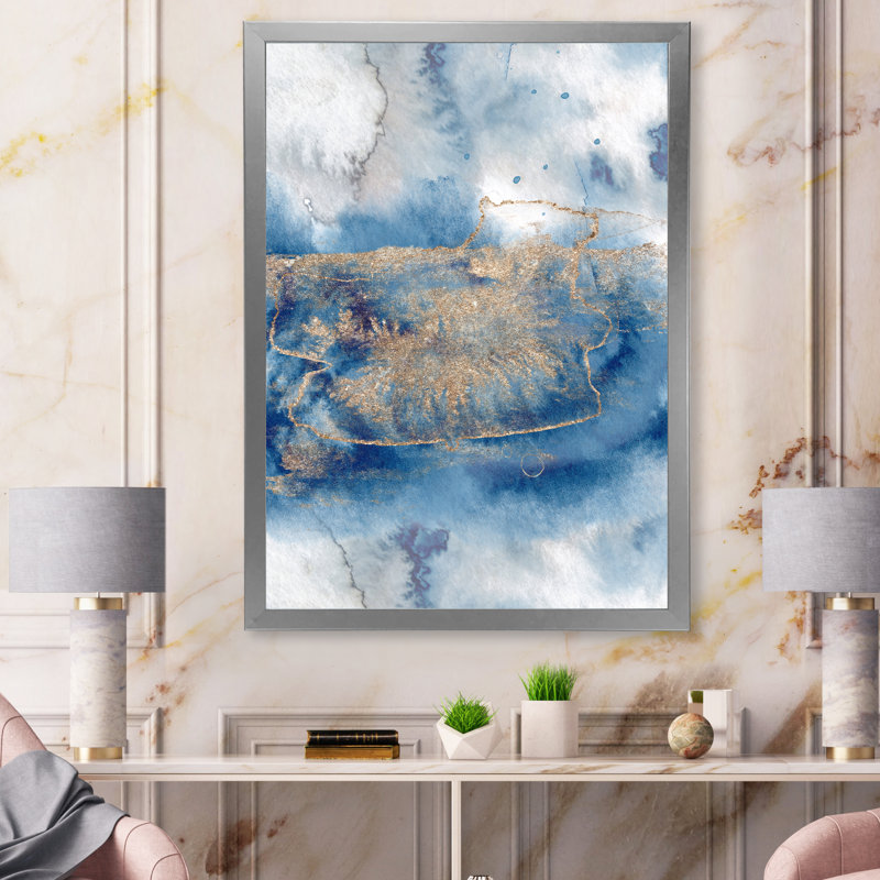 Abstrait classique bleu et or I - peinture sur toile, H 44 po x l 34 po, Cadre de coin argenté fermé