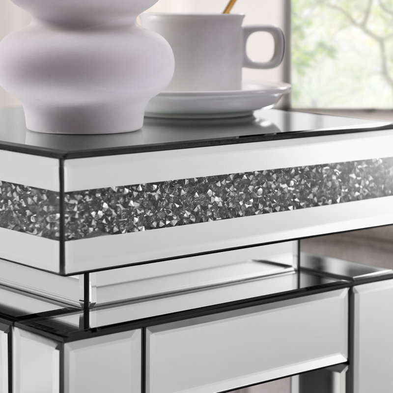 Table de bout en miroir avec incrustation de cristaux, petit canapé moderne à 2 niveaux avec rangement, table d'appoint argentée pour le salon, la chambre à coucher, le café et les petits espaces: P 11,8 po x l 11,8 po x H 26 po