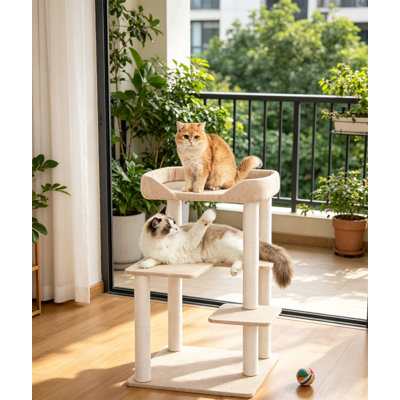 Arbre à chat 37,4 po en bois avec plateforme de saut et ballon de jeu, structure d'escalade pour chats d'intérieur