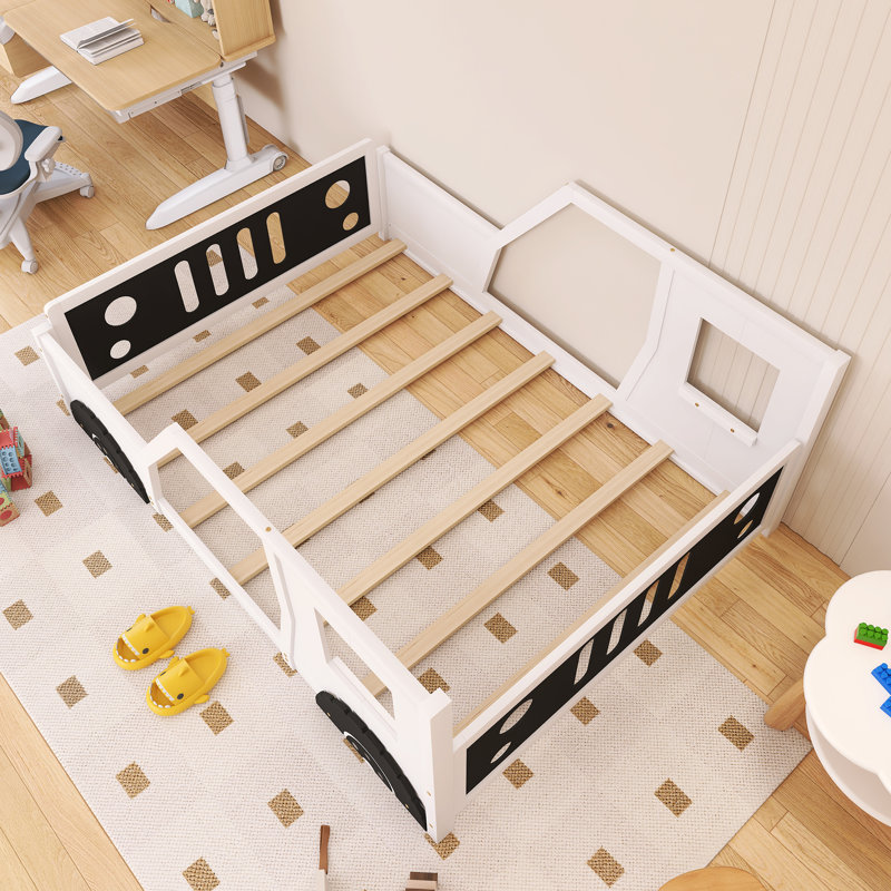 Lit plateforme classique en bois pleine grandeur en forme de voiture avec roulettes, Lit double, White