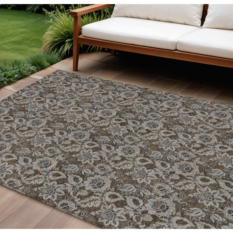 Tapis lavable extérieur floral et gris anthracite 10 pi x 14 pi