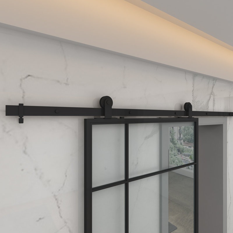 Bastille 37'' x 84'' Clear Glass Black Metal Sliding Barn Door
