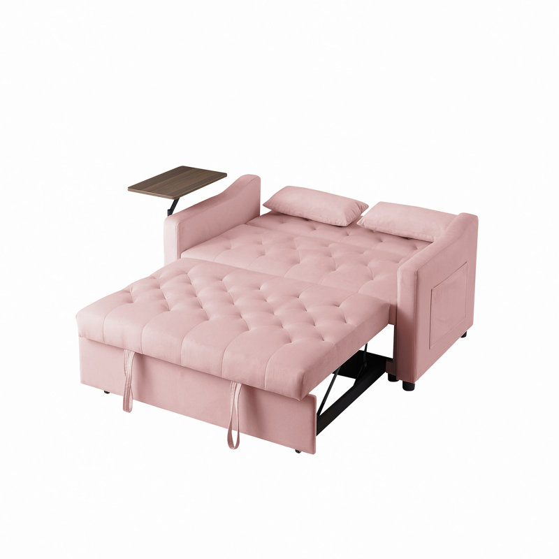 Canapé-lit en velours rose - canapé-lit convertible à 3 positions, conception moderne capitonnée avec table d'appoint rotative, assemblage facile