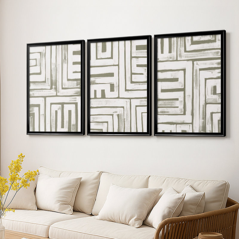 Maze Interlock I - Toile tendue avec châssis encadré - 3 pièces, H 27 po x l 57 po, Noir