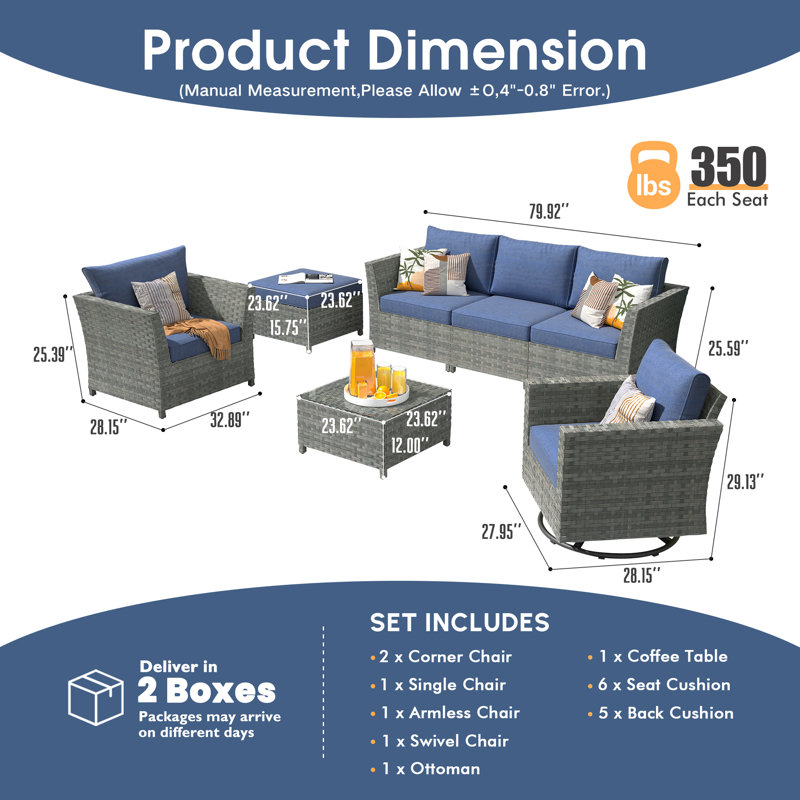 Klohe Outdoor Seating Group with Cushions, Blue, No