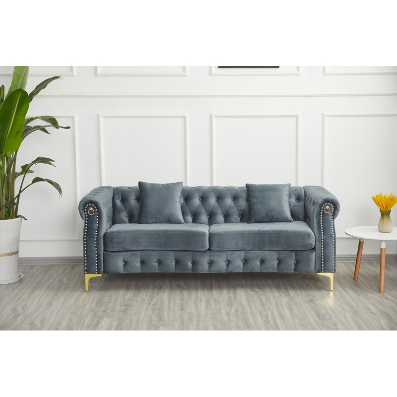 Canapé rembourré avec pieds en bois massif, Velours gris velours, H 30,3 po x l 84,6 po x P 30,7 po