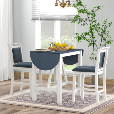 3-Piece Wood Counter Height Drop Leaf Dining Set with 2 Upholstered Chairs for Small Spaces, White+Gray