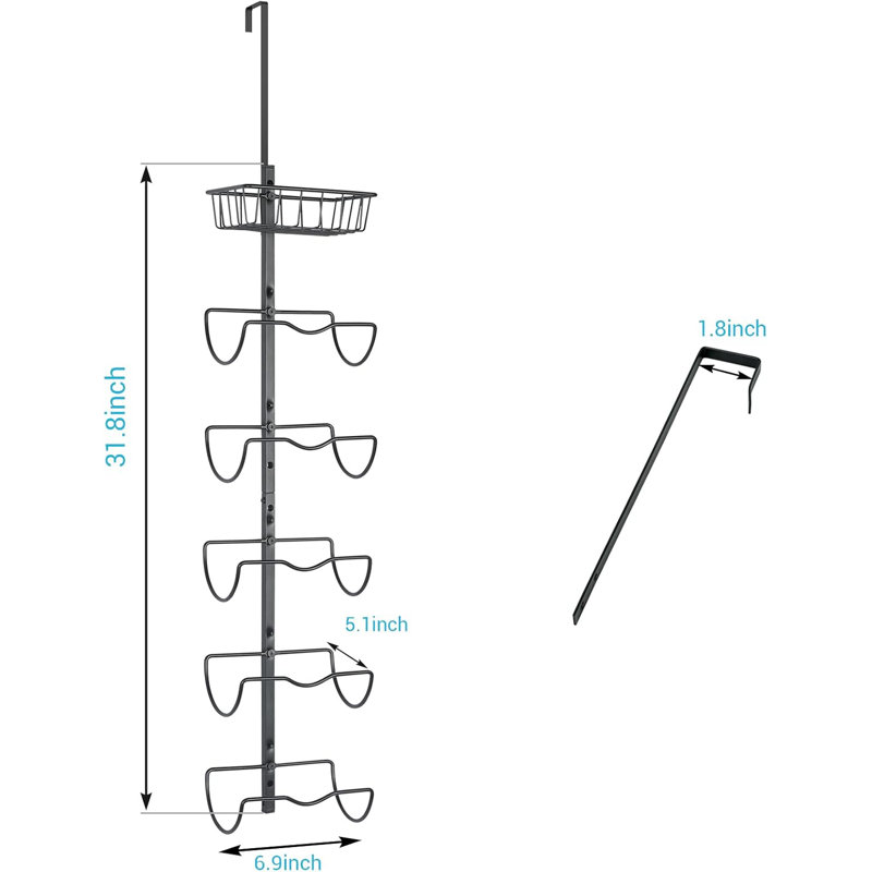  Porte-serviettes à 6 niveaux pour porte de salle de bain - Porte-serviettes mural avec tablette en métal - Porte-serviettes à rangement réglable pour serviettes roulées - Noir