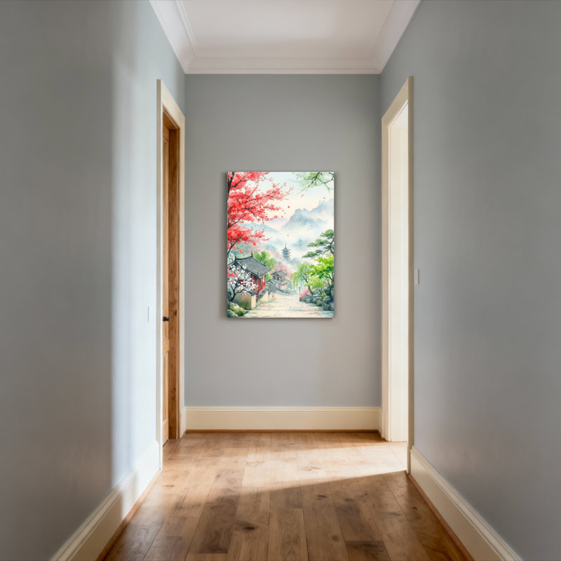 Ensemble de 1 tableau sur toile représentant un paysage de jardin japonais en fleurs de cerisier, H 30 po x l 20 po