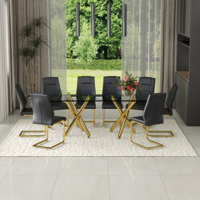 71'' Modern Rectangular Glass Dining Table Set With Gold Metal Legs And PU Chairs