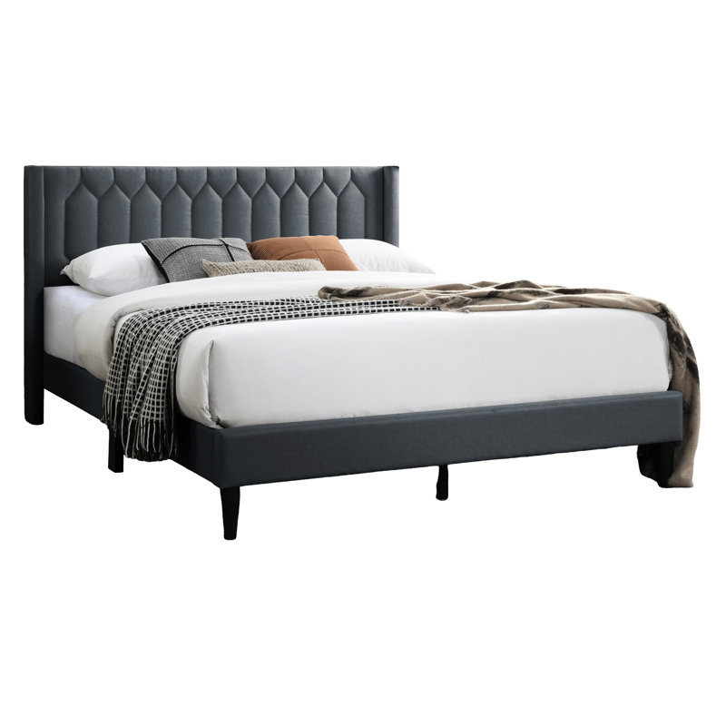 Structure de lit grand moderne, revêtement en toile de jute gris anthracite, base en bois, lit tapissier sans sommier, style, lattes,