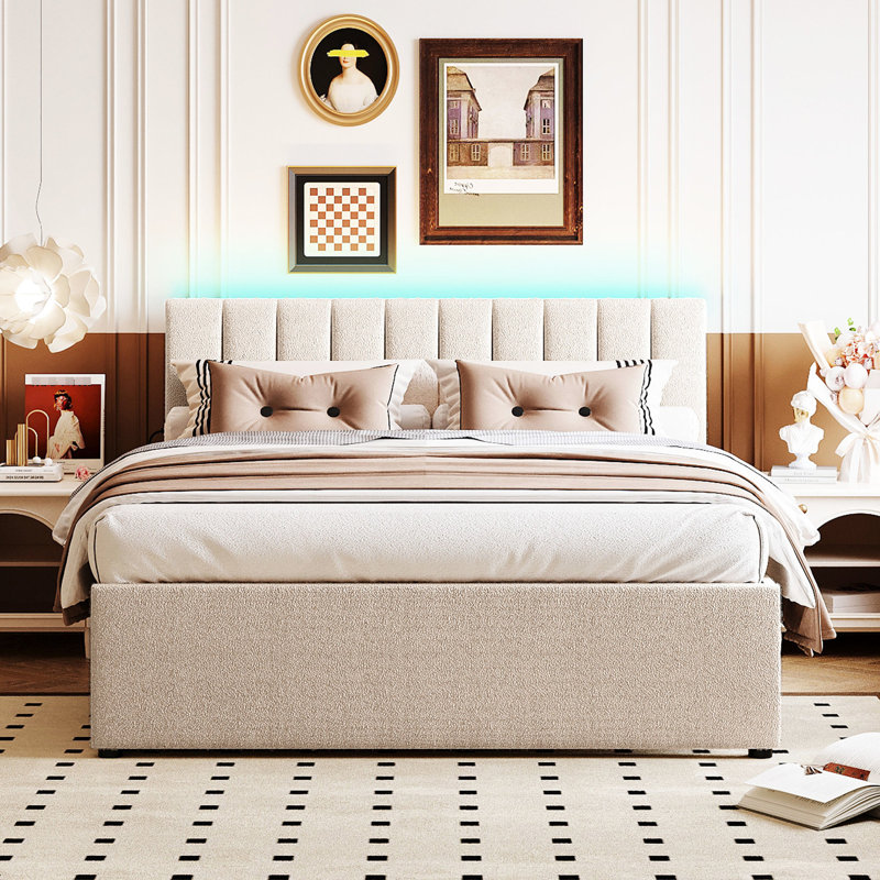 Queen Size Upholstered Platform Bed With Twin Xl Trundle - Beige For A Classic And Inviting Bedroom Comfortable, Queen