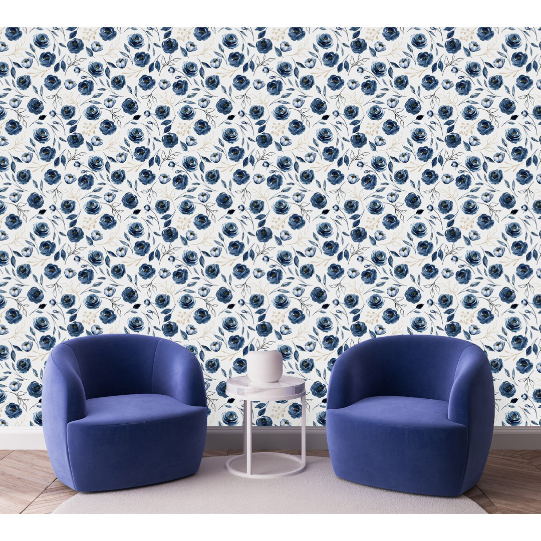 Dark Blue Flowers Wallpaper Peel & Stick Floral Tile Red Barrel Studio®