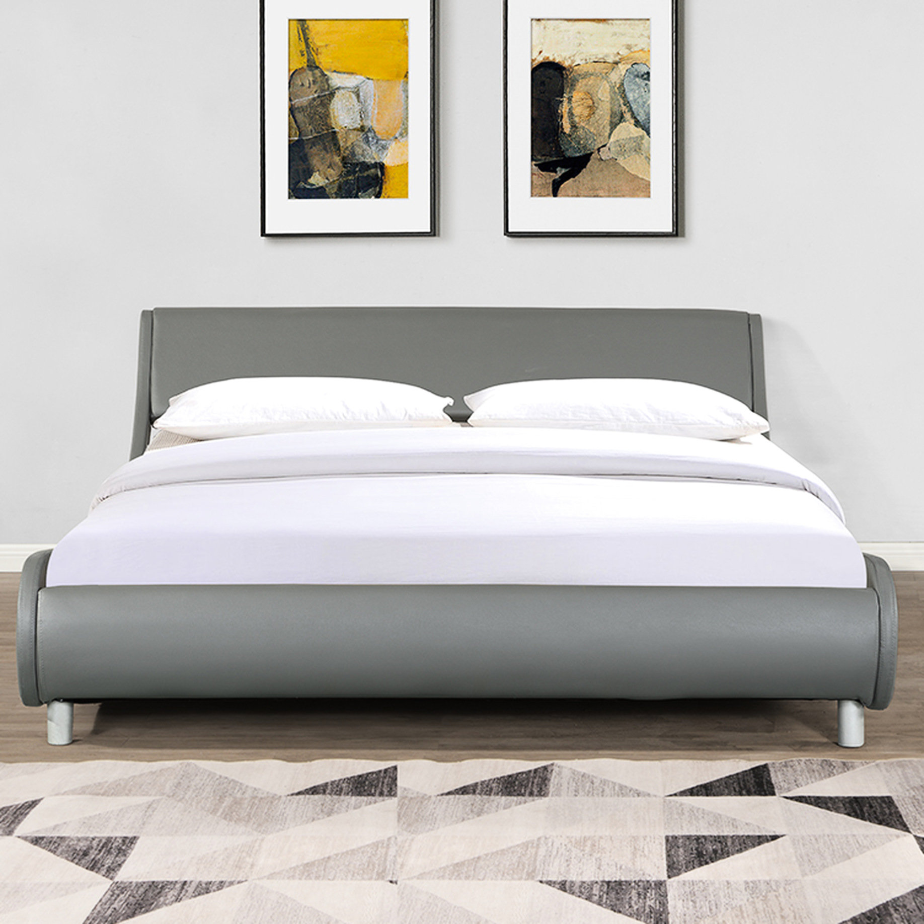 Ivy Bronx Queen Faux Leather Upholstered Bed, Curve Shaped, Wood Slat ...