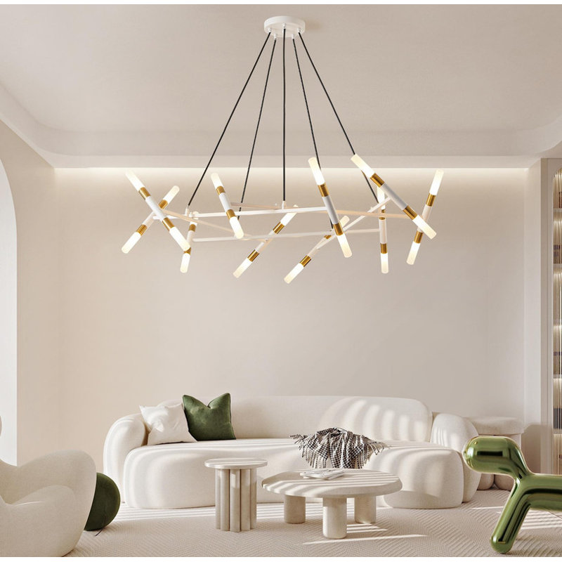 Lustre moderne de 41 po - Branche, tubes givrés et cordons noirs | Luminaire suspendu à hauteur réglable pour la salle à manger, le salon et la cuisine