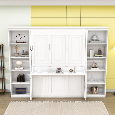 Wooden Murphy Bed with Built-In Desk and Storage Bookshelf