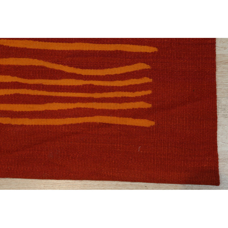 6x8 Red Flat Weave Wool Wavy Ochre Lines Geometric Modern Contemporary Carpet Rug