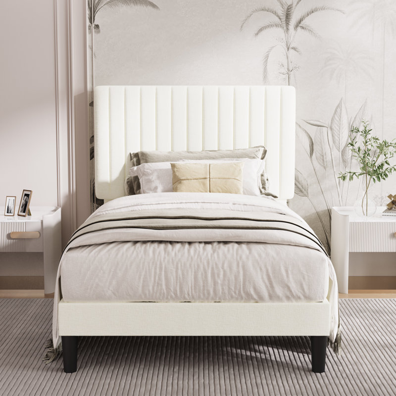 Dunphy Upholstered Platform Bed with Adjustable Headboard, Twin, Warm White