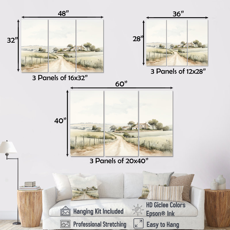 «Countryside Minimal Scenery IV» - ensemble d'art mural imprimé campagne, Toile tendue, H 28 po x l 36 po x P 1 po
