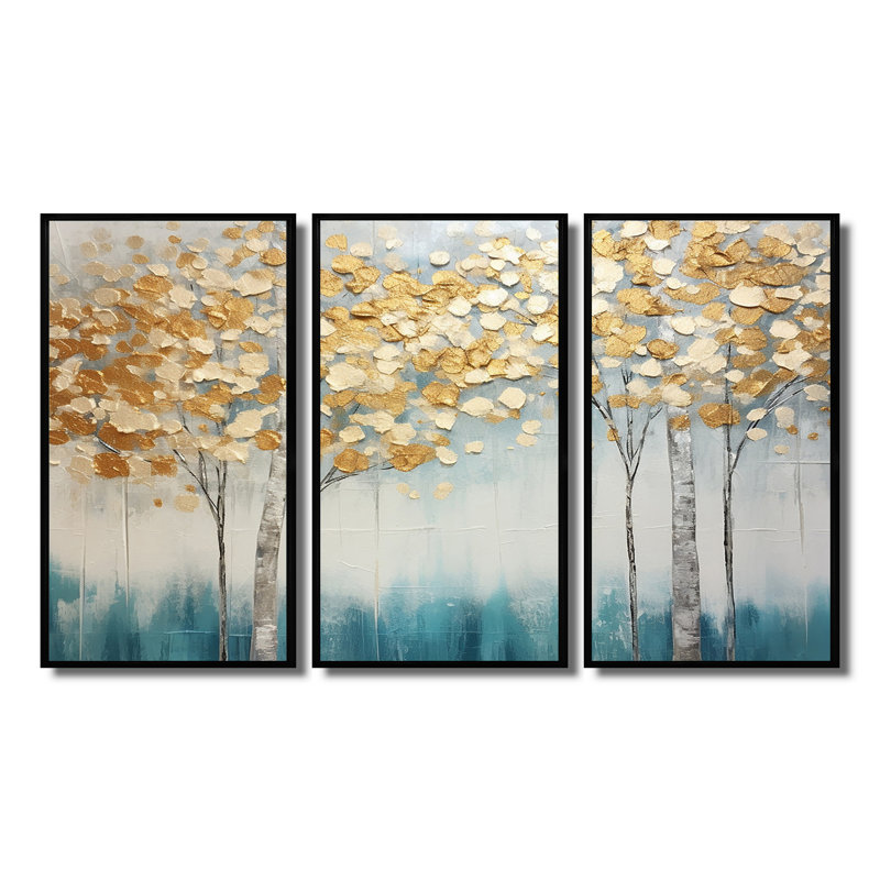 Serene Birch Trees Silver Autumn - ensemble d'art mural arbre bouleau, Cadre flottant noir, H 32 po x l 48 po x P 1 po