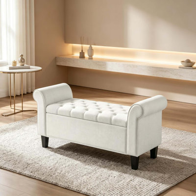 Tufted Storage Bench with Rolled Arms Safety Hinge Solid Wood Legs for Bedroom Entryway Organization