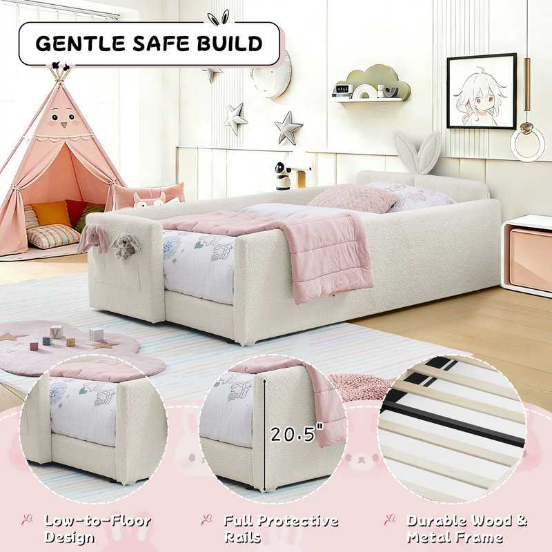 Twin Size Bed Frame, 82.99" Upholstered Daybed Platform Floor Bed W/Storage Pocket Cute Rabbit Ear Shaped Headboard for Bedroom, No Box Spring Needed