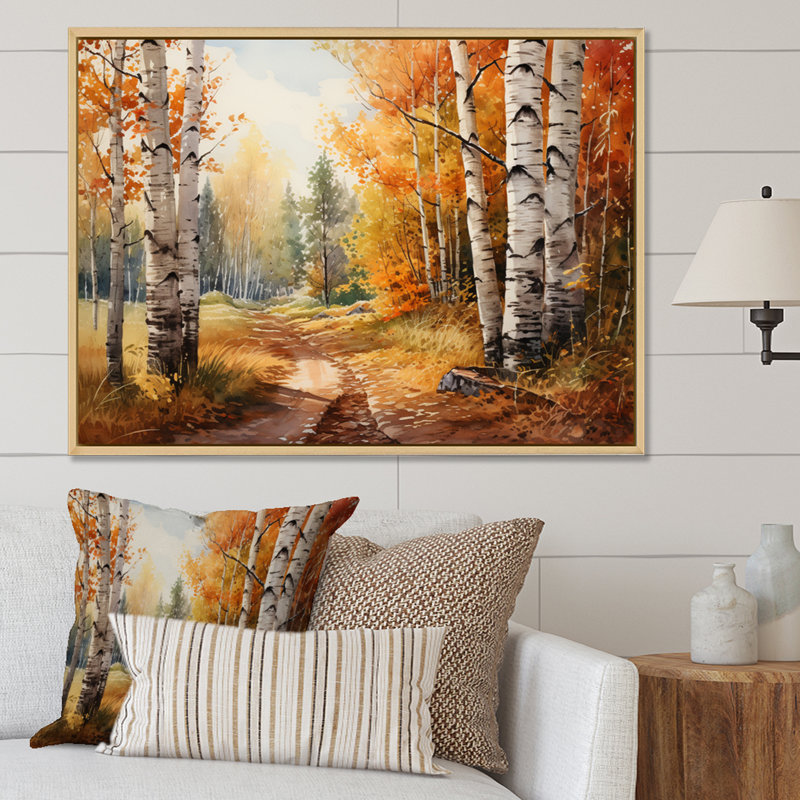 Birch Woods Gilded Pathway III sur toile, H 24 po x l 32 po x P 1 po, Cadre flottant brun