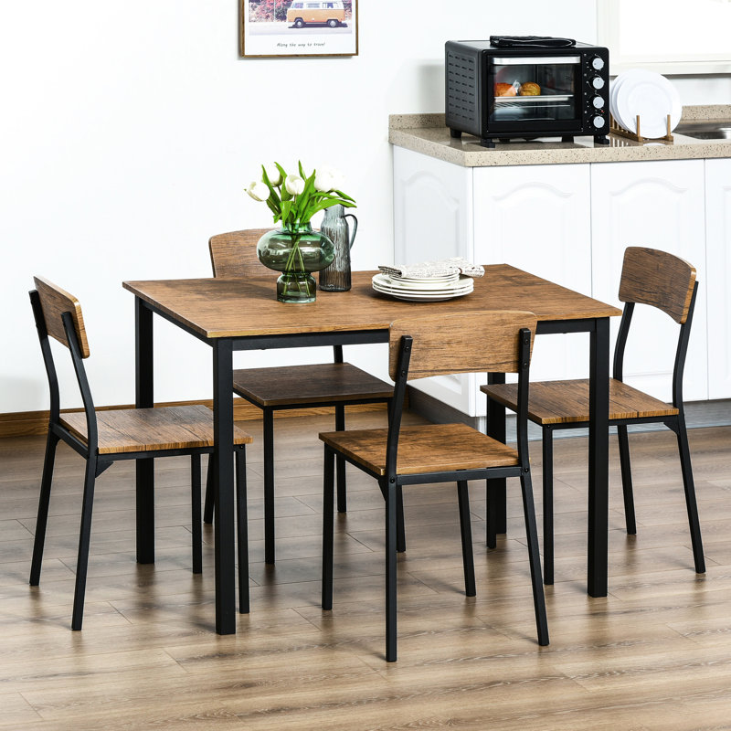 5 Piece Industrial Dining - Space Saving Rustic Brown Table And Chairs For 4 People Rectangular Included Brown, Saving,