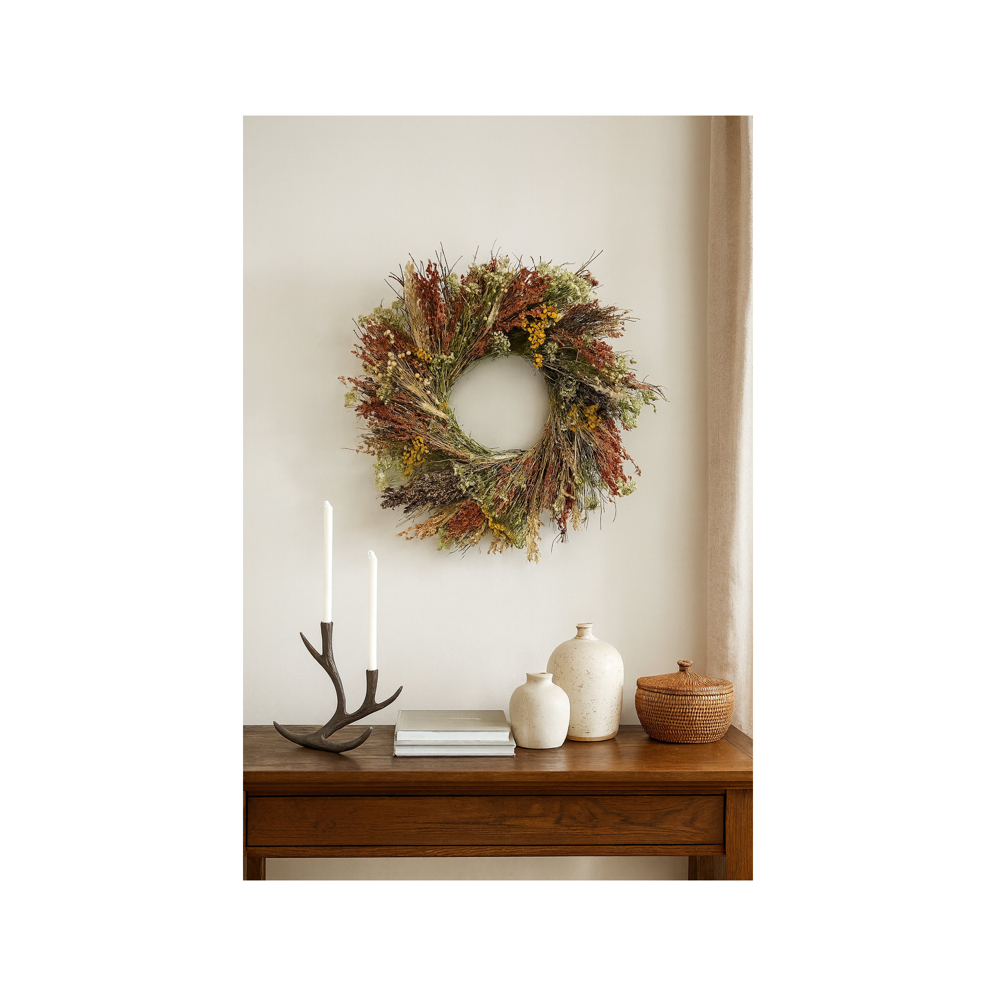 Dried Feuille Morte Floral Fall Wreath, 22" H x 22" W x 5" D