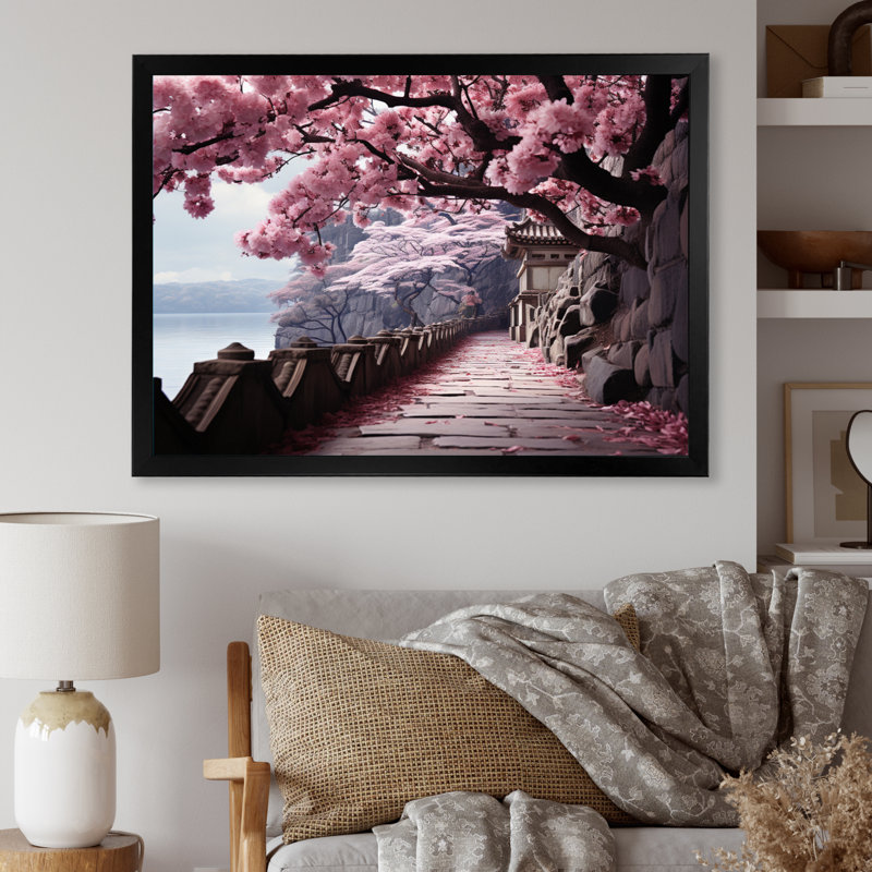 Art du Japon, chemin de fleurs de cerisier rose - Art encadré, Cadre simple noir, H 12 po x l 20 po x P 1 po