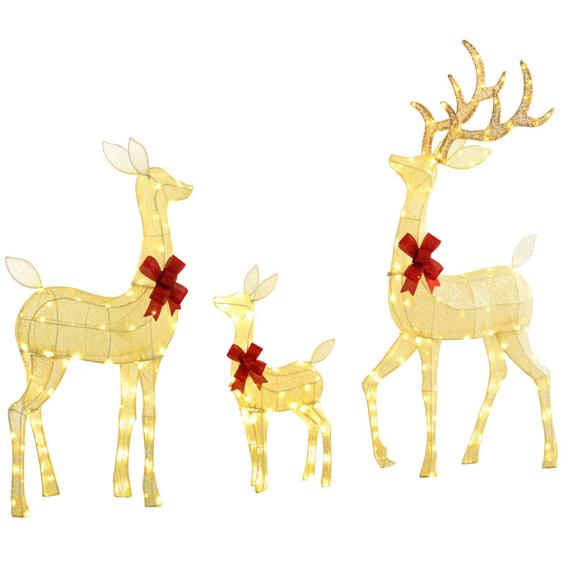 Ensemble de 3 cerfs de Noël illuminé argentés Outsunny | Décorations de jardin blanc chaud, lumières de renne résistantes aux intempéries | Idée de cadeau