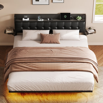 Floating Bed Frame with LED & Charging Station, Ergonomic Faux Leather Headboard with Folding Shelves Storage, Metal Slats Support, No Box Spring Needed, Easy Assembly, Noise-Free, Black, Queen