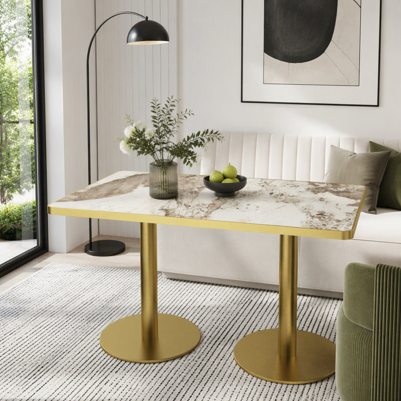 Rectangular Dining Table with Sintered Stone Marble-Print Tabletop, White