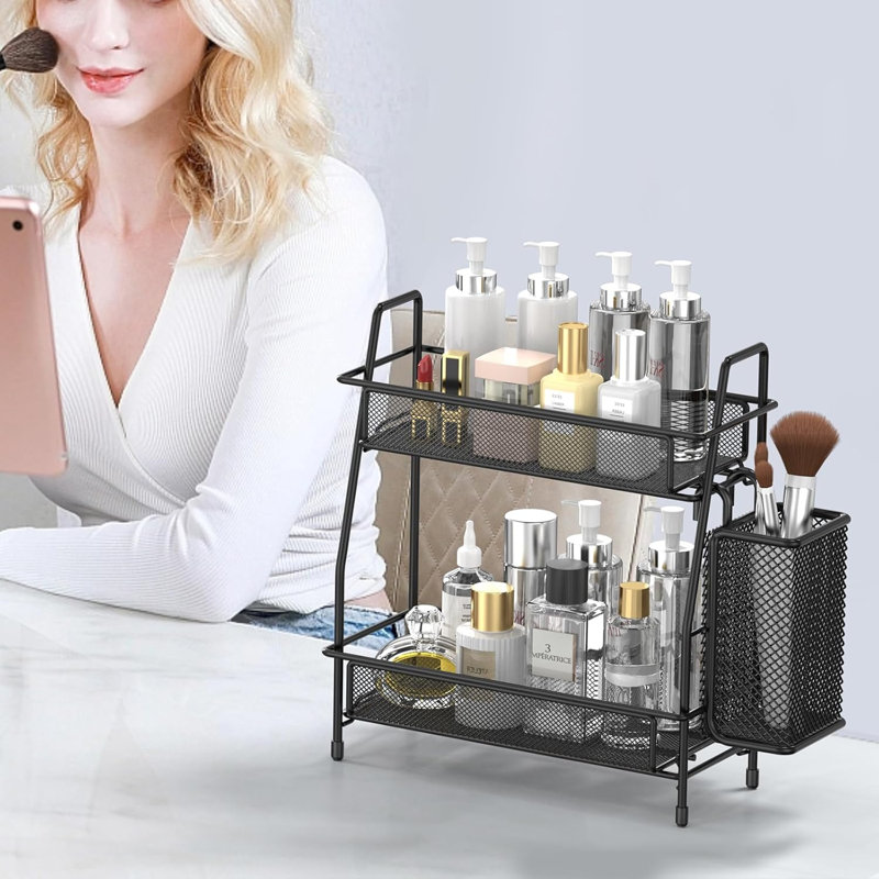 Organisateur de comptoir de salle de bain à 2 niveaux, soins de la peau, organisateurs de comptoir de maquillage, cuisine, rangement de comptoir de salle de bain avec petit panier (noir)