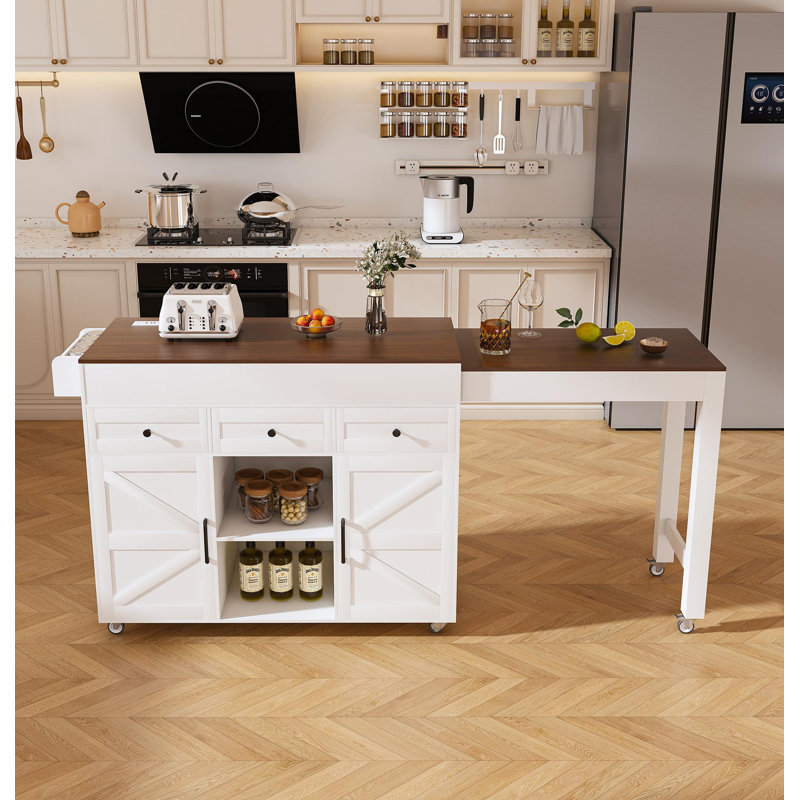 Kalel Kitchen Island with Extendable Table, Storage & Power Outlet