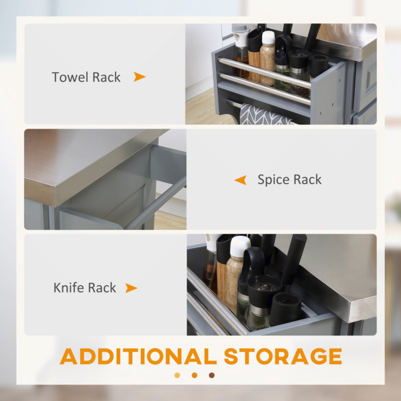 Gray Stainless Steel Top Kitchen Cart with Spice Rack