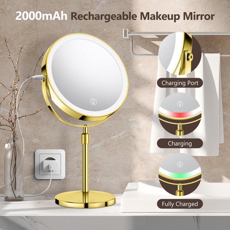 Lighted Makeup Mirror, Rechargeable Height Adjustable Double Sided, 1X/10X Magnifying With 3 Color, 360° Rotation Vanity
