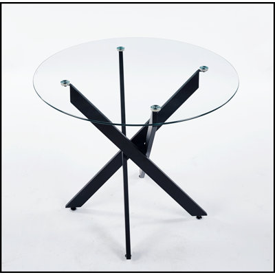 Table de salle à manger moderne noire avec pieds croisés en métal et plateau en verre trempé, parfaite pour les salons élégants et peu encombrants