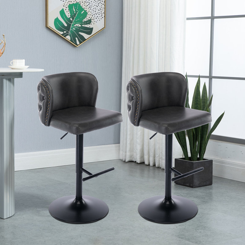 Marlone Swivel Adjustable Height Bar Stool, 2 Pcs, Black, Dark Gray
