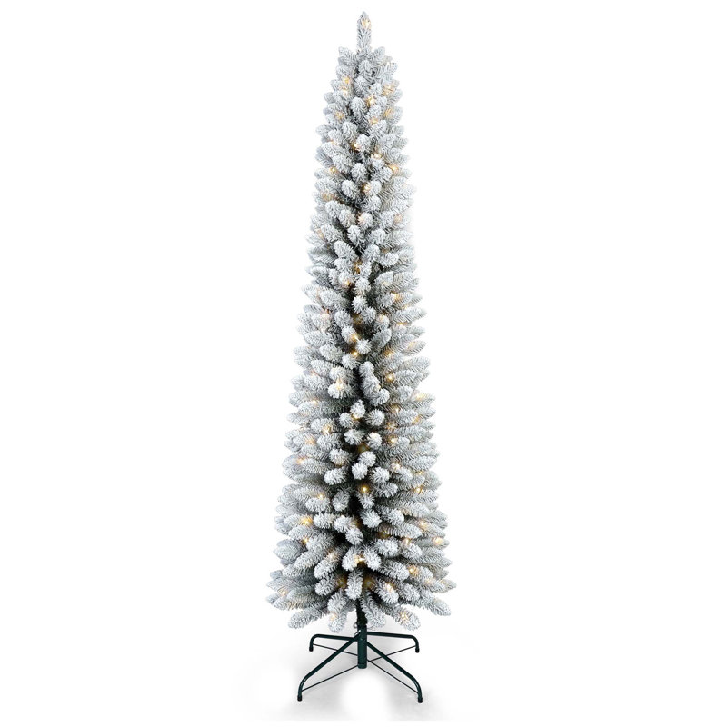 Arbre de Noël floqué à crayon mince en PVC avec support en métal robuste, H 6 pi