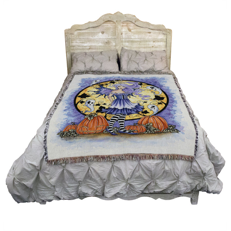 Couverture Pure Country Weavers Citrouille Hantée par Amy Brown - Tapisserie d'automne Halloween avec fantômes et fées - Tissée en coton - Fabriquée aux États-Unis (72 x 54)