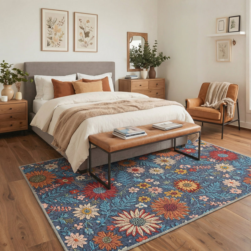 Aura Floral Machine Washable Blue / Red / Orange Indoor Area Rug with Non-Slip Backing, Rectangle 8' x 10'