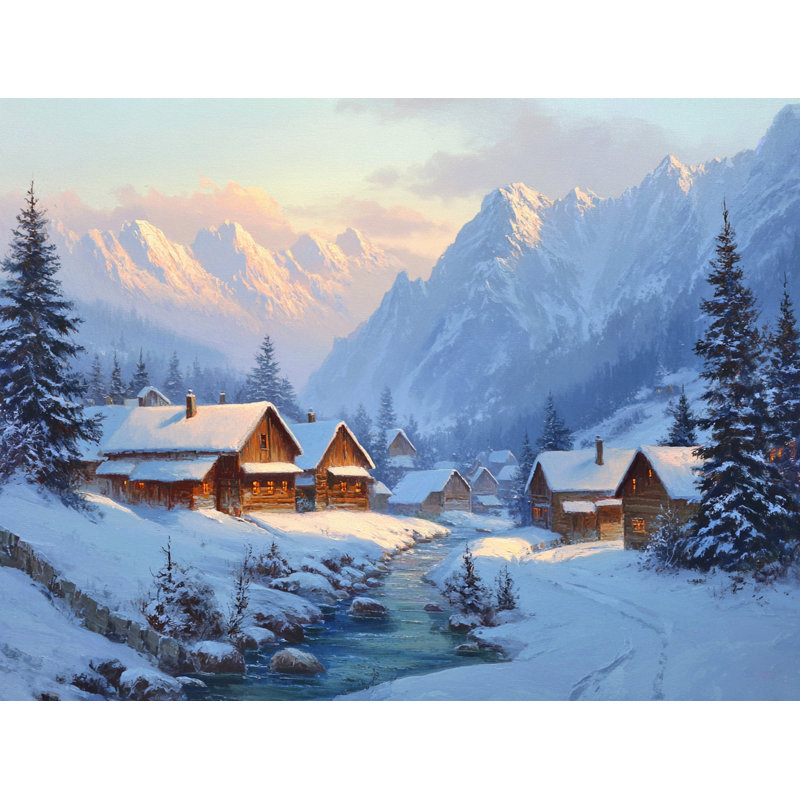 Art mural sur toile Twilight Over Snowy Mountain Village, H 12 po x l 16 po